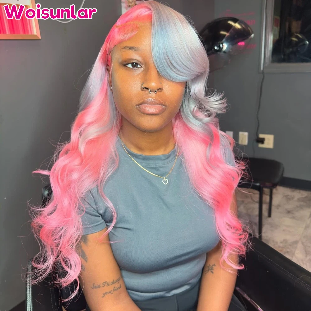 34 inches Ombre Pink and grey Front Lace wigs human hair 
