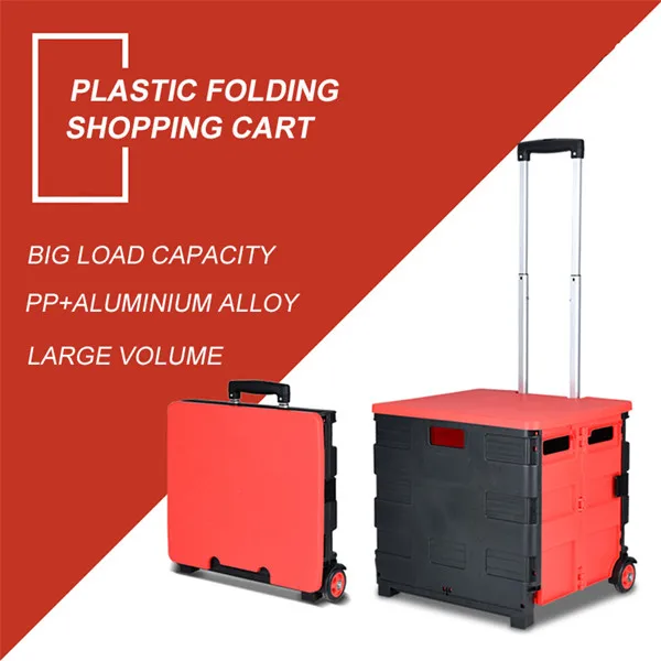 Portable 55L Volume Factory Folding Hand Push Grocery Plastic Rolling Foldable Shopping Trolley