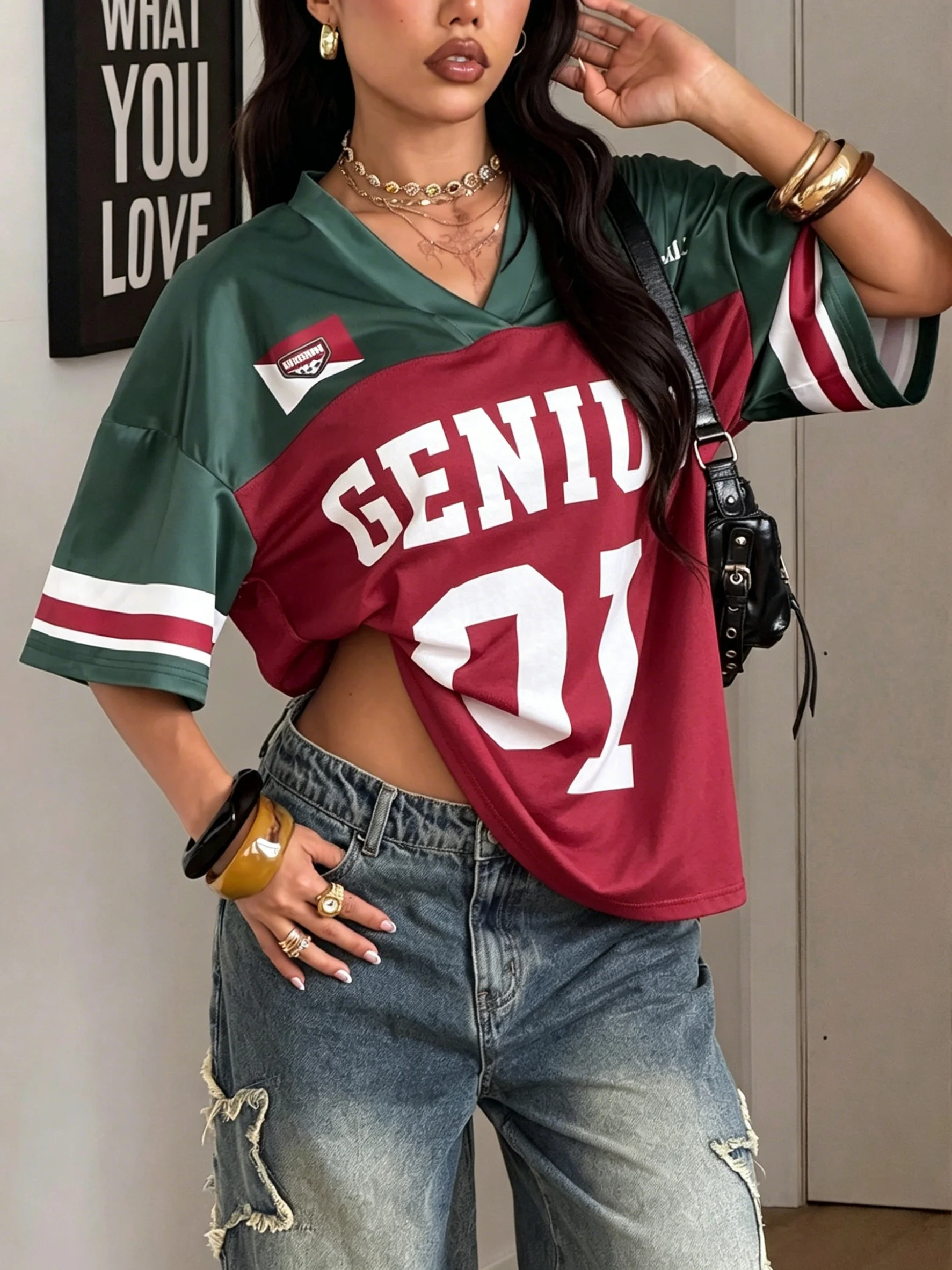 Women's Los Angeles NO.95 Print V-Neck Short Sleeve Hole Mesh T-Shirt Summer Tee Baseball Jerseys Sport T-Shirts