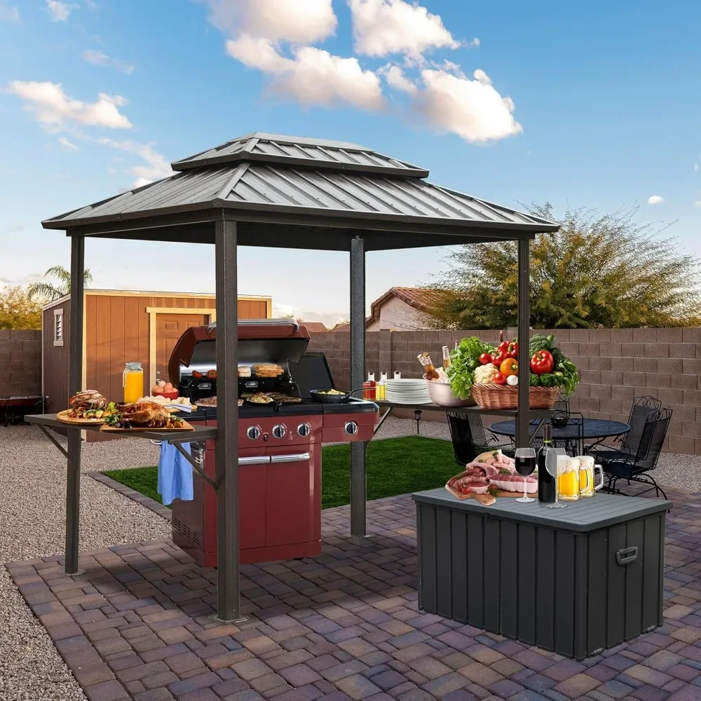 8’x 6’ Grill Gazebo, Outdoor Aluminum BBQ Gazebo w/Double Galvanized Steel Roof, 2 Side Shelves and Ceiling Hooks, Permanent