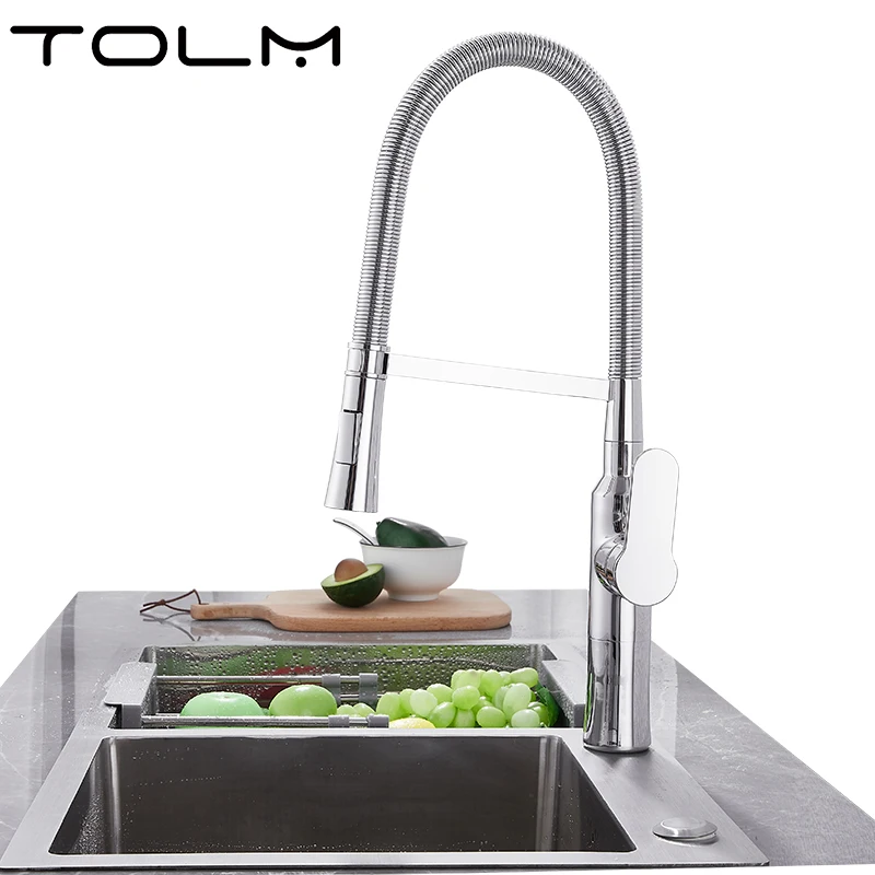 TOLM Brushed Nickel Modern Polished Chrome Brass Kitchen Sink Faucet Pull Out Single Handle Swivel Spout Vessel Sink Mixer Tap