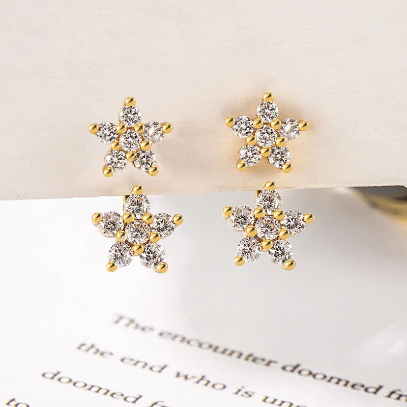 Zircon Studded Flower Hanging Earrings for Women High-end feel Five Pointed Star Earring Sweet 925 Silver Earrings Girl Jewelry