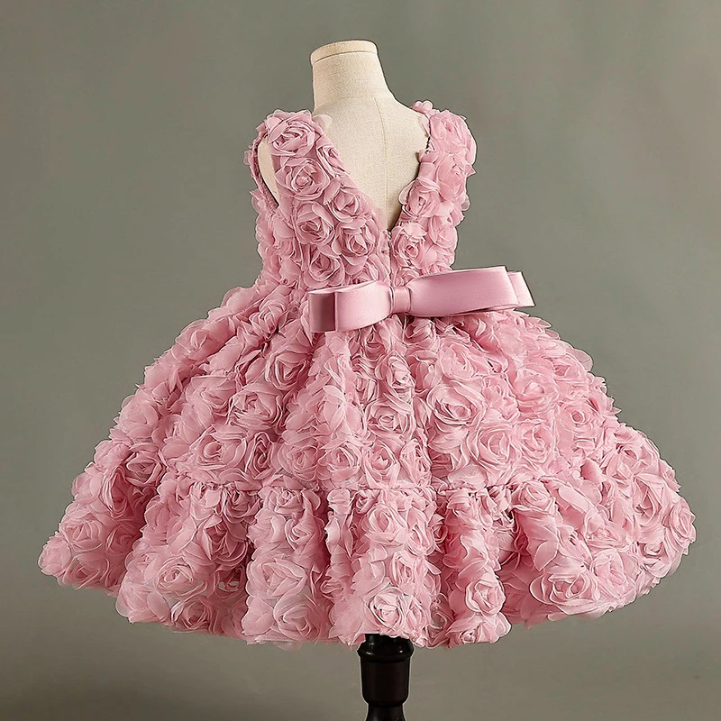 

Children Cute Princess Dresses Champagne Pink Elegant Birthday Party Dress for Kids Girl Luxury Pageant Tulle Short Evening Gown
