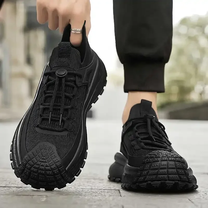 

Черные мужские вязаные кроссовки, новые летние дизайнерские трендовые дышащие повседневные туфли на толстой подошве, нескользящая мягкая мужская спортивная обувь для бега
