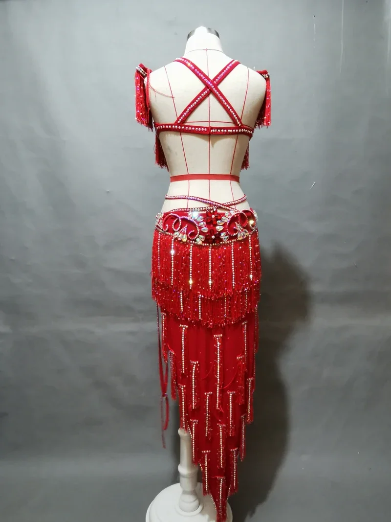 Belly Dance Competition Outfits Customized Bra Diamond Tassel Skirt Set Oriental Indian Drum Dancing Stage Performance Costume