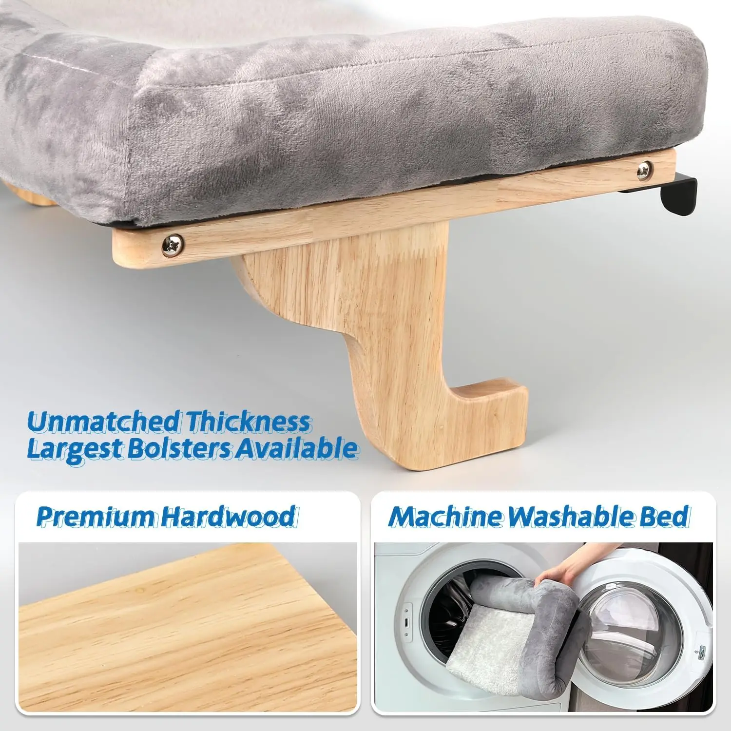Cat Perch for Window Sill with Bolster - Orthopedic Hammock Design with Premium Hardwood & Robust Metal Frame - Cat Window Seat for Large Cats - Natural Color Wood Gray Bed, 26.4''W - view 4