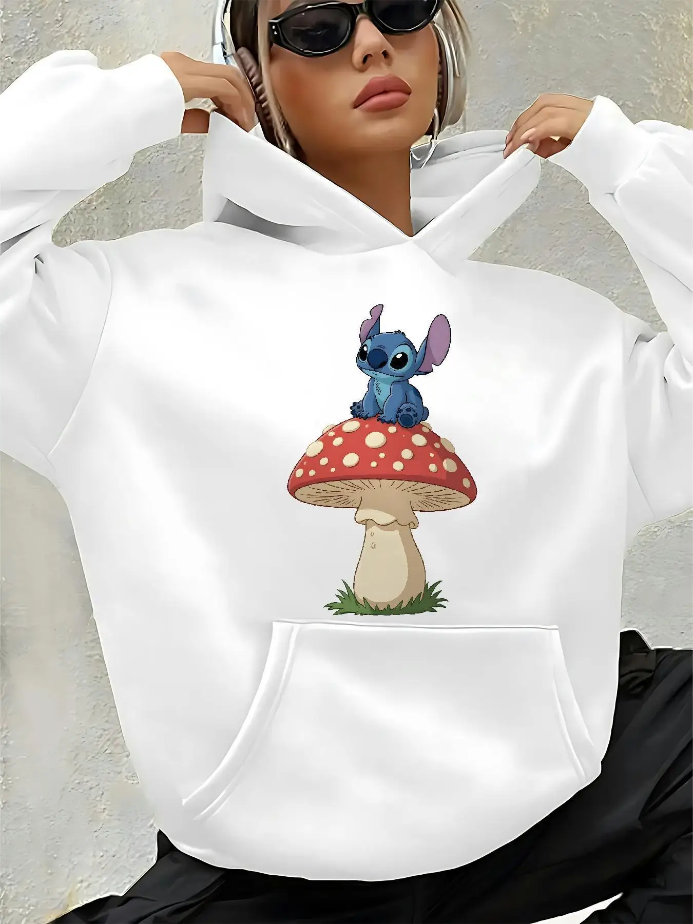 سويت شيرت نسائي بغطاء للرأس من ديزني بتصميم نمط الفطر، كاجوال للخريف والشتاء، قابل للغسل في الغسالة للارتداء اليومي
