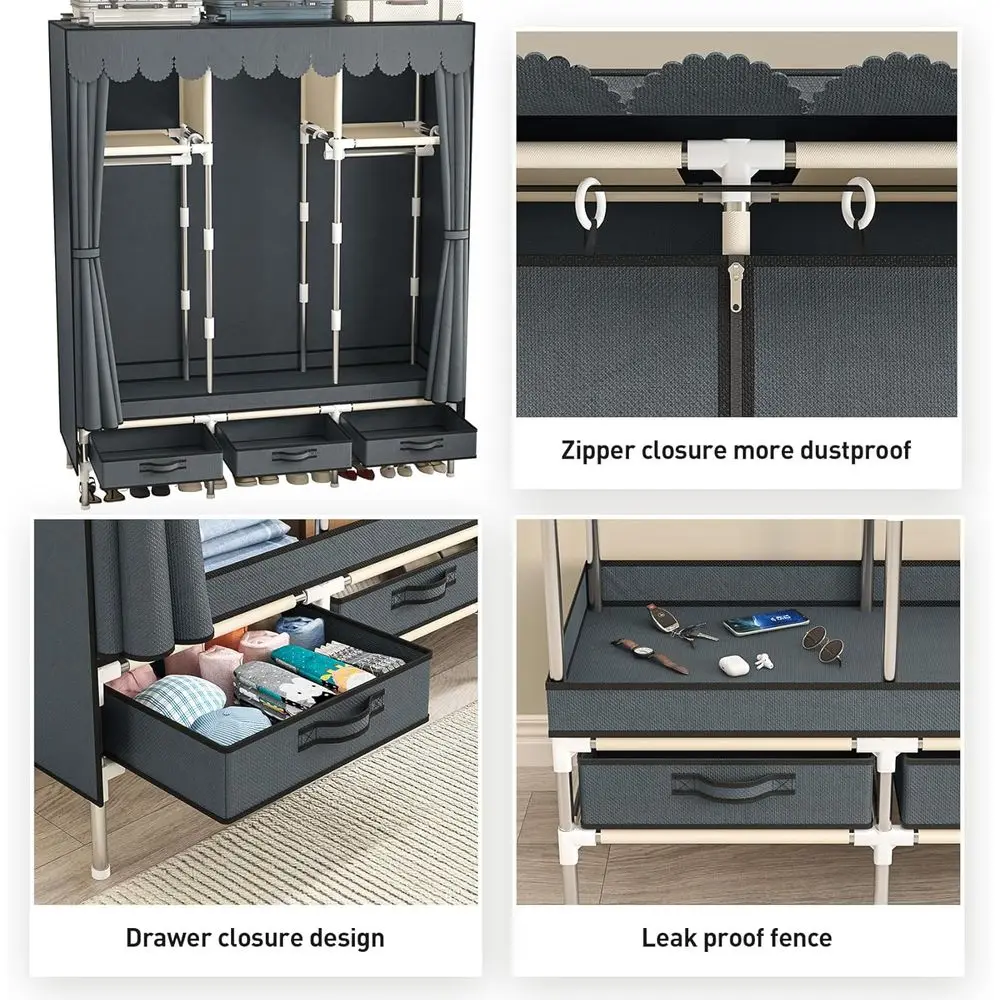 Portable Armoire Wardrobe Closet with 3 Drawers and 3 Hanging Rods,Cloth Closet Wardrobe Cabinet for Hanging Clothes,Grey Cover,