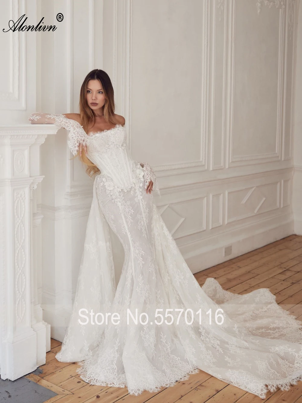 Alonlivn Custom Made Elegance Beading Embroidery Lace Mermaid Wedding Dresses With 3D Flowers Strapless Removable Sleeves Bridal