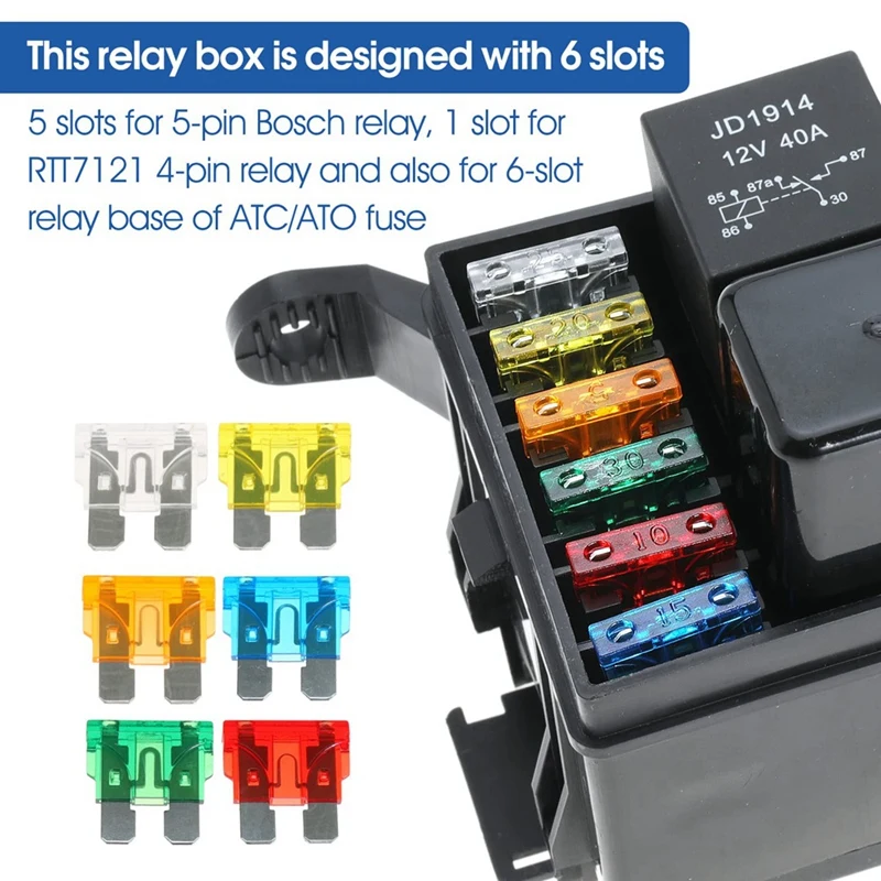 Black Fuse Relay Box With 6 Slots Relay Block And ATC/ATO Blade Fuse With Metallic Pins Spade Terminals Universal