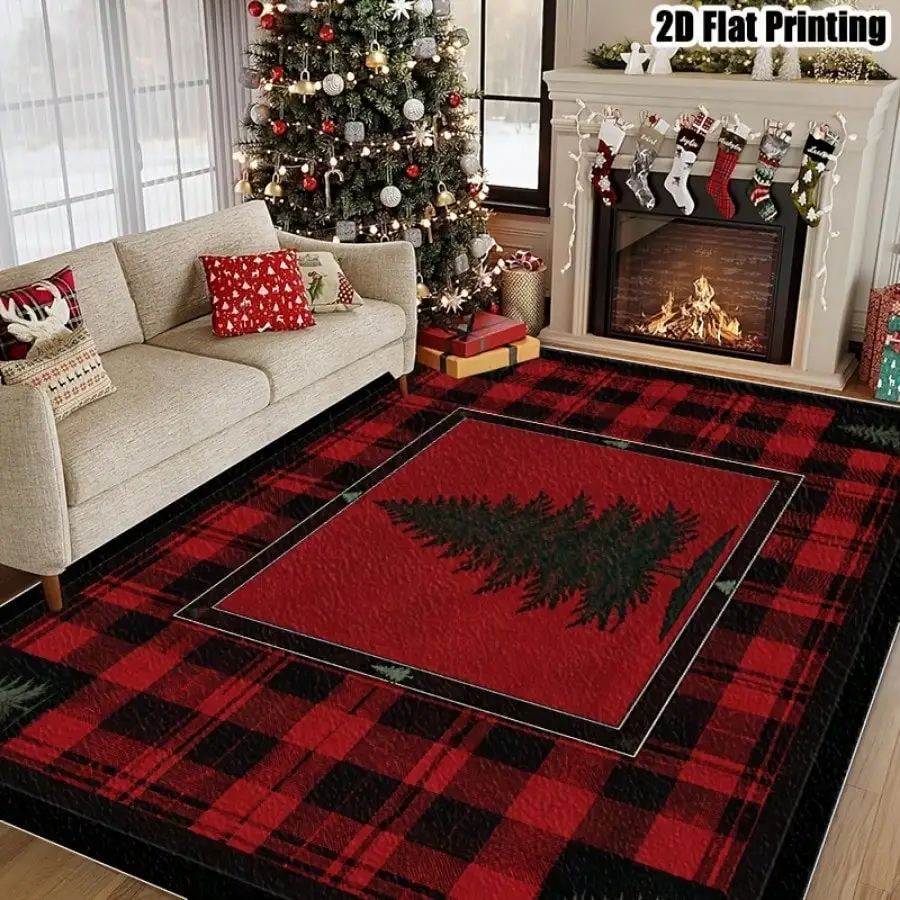 Christmas Rug Tartan Pine Tree Frame Area Decor Carpet Living Room Bedroom Dining Entryway Hallway Kitchen Office Dorm Apartment Foyer Home Decor Housewarming Gift Family Friends Halloween Thanksgiving Anniversary Birthday Party Celebration