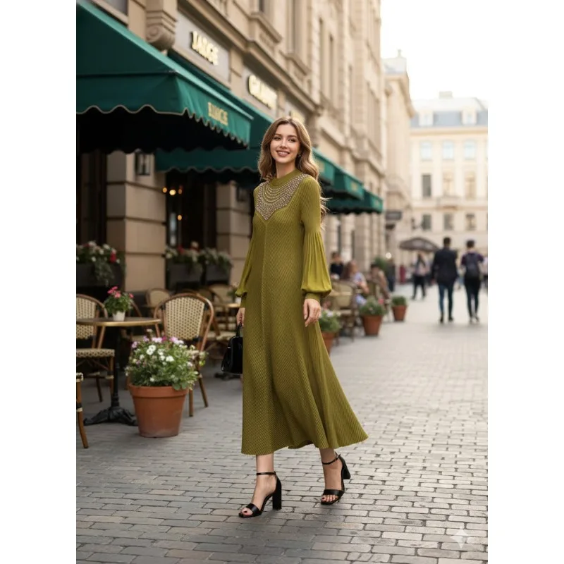 

Плиссированные платья Miyake, плиссе 2026, весеннее новое платье со складками из рыбьей чешуи, расшитое бисером, элегантное однотонное темпераментное длинное платье для детей