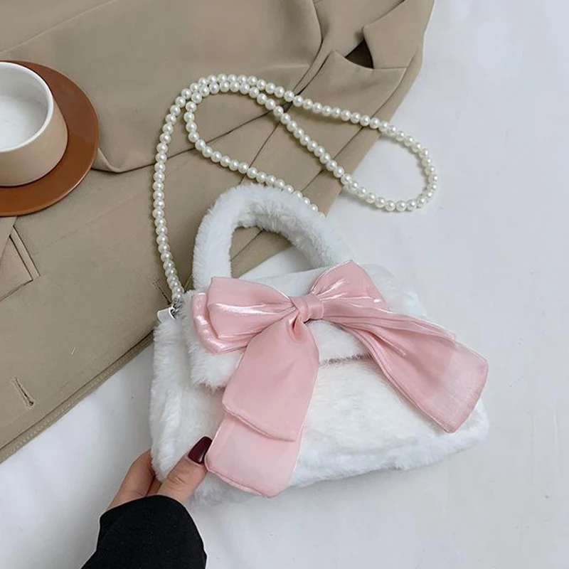 Fashion New Cute Girl Bow Plush Pearl Pure Color Shoulder Mesengers Bag