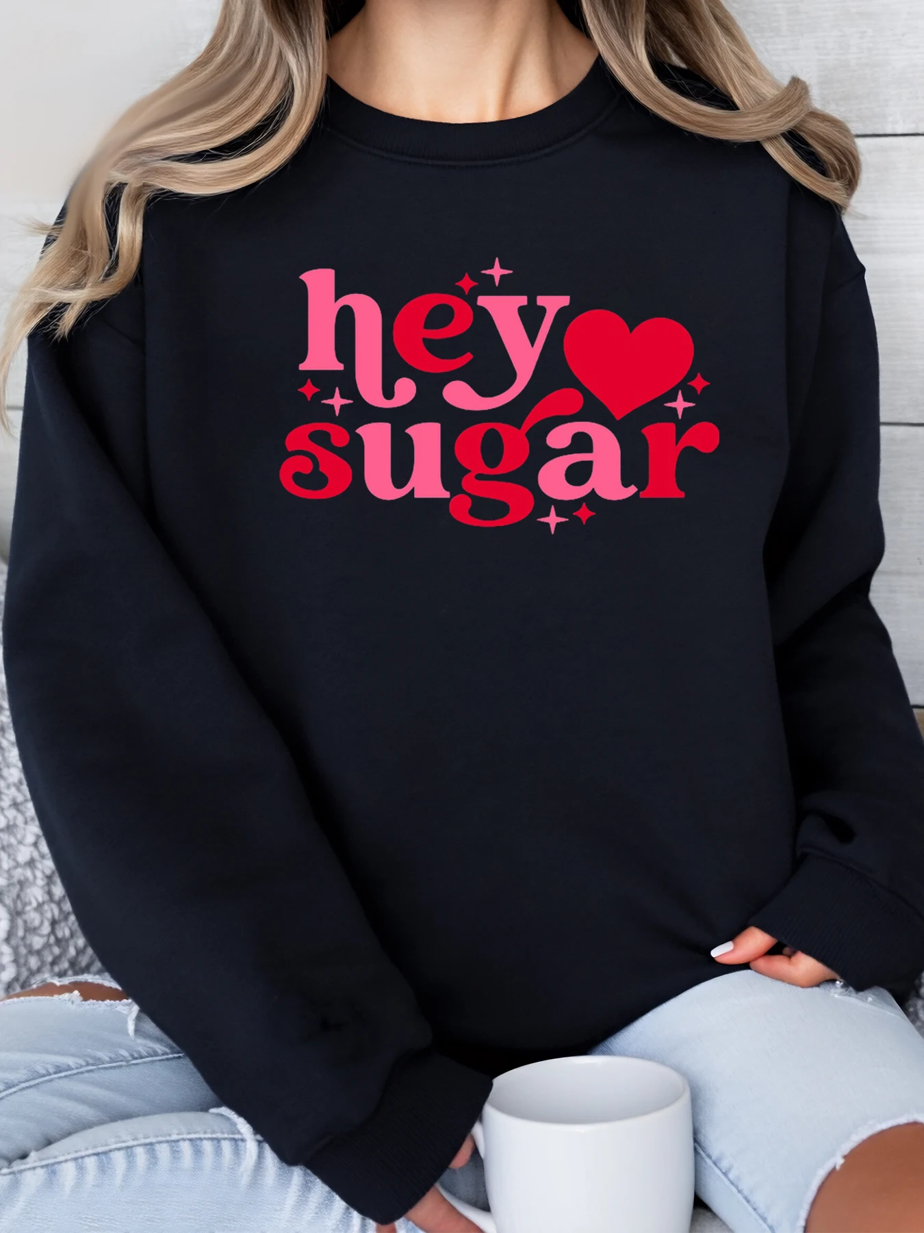 Hey Sugar Heart Print Valentine Sweatshirt Damen Freizeitkleidung für den Valentinstag Schwarz Übergröße