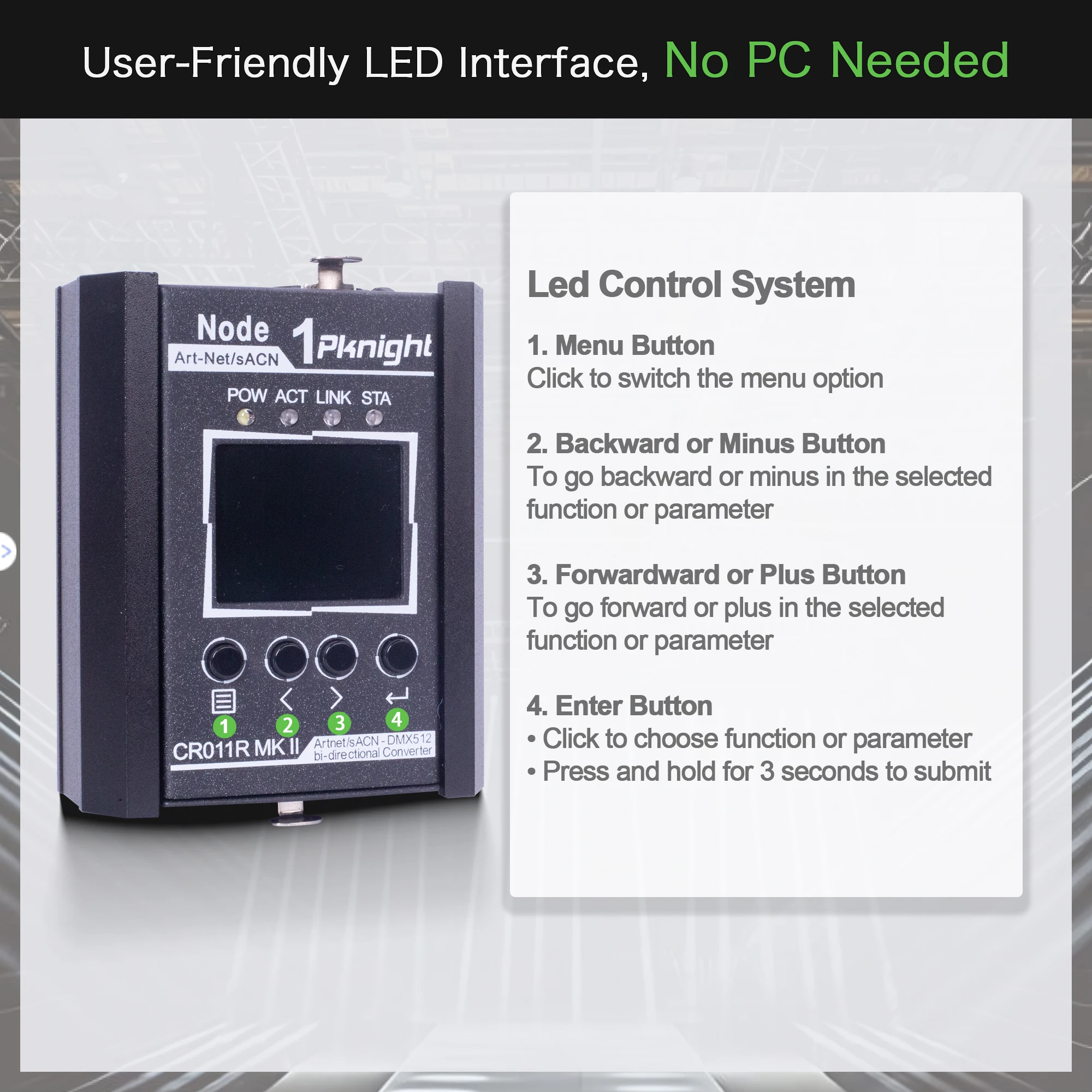 محول Pknight ثنائي الاتجاه من Art-Net/sACN إلى DMX512، عقدة مدمجة مع شاشة LED لإضاءة المسرح
