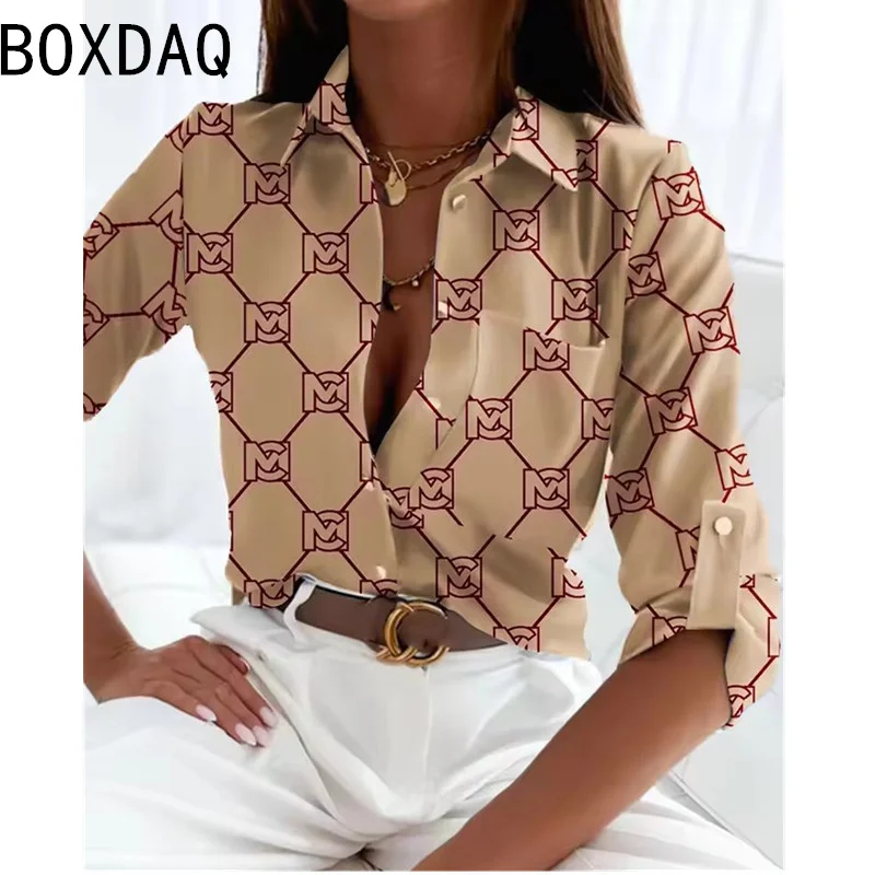 

Plus Size Autumn New Women Shirt Fashion Geometric Pattern Printed Casual Shirt Vintage Single Breasted Long Sleeve Lapel Shirt