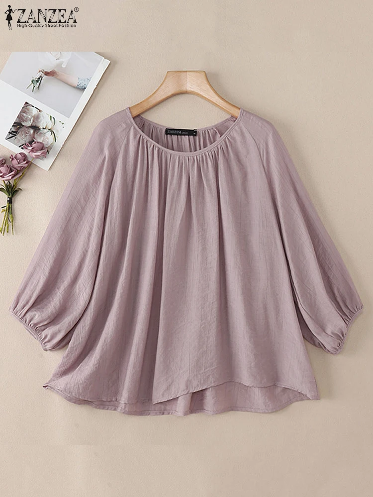 ZANZEA Loose Casual Lantern Sleeve Blouses Gathering Solid Vintage Women Blusas Mujer 2025 Spring Korean Style O Neck Smock Tops