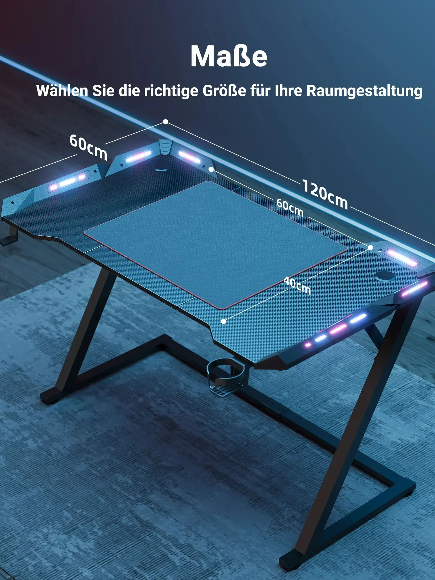 Claiks Gaming-Schreibtisch mit LED-Beleuchtung, Z-Frame Gaming-Tisch mit Getränkehalter
