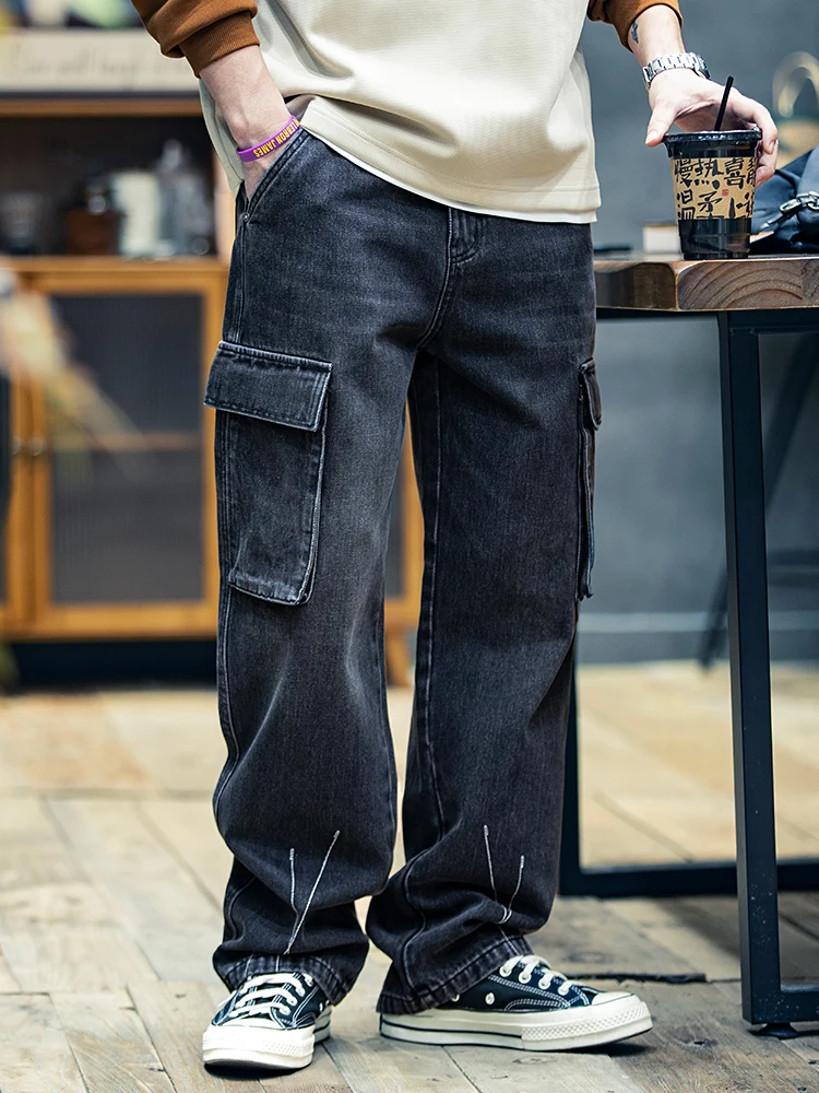 American Style Straight Leg Men's Jeans Spring Loose Trendy Vintage Large Size Workwear Pants Multiple Pockets Casual Cotton ...