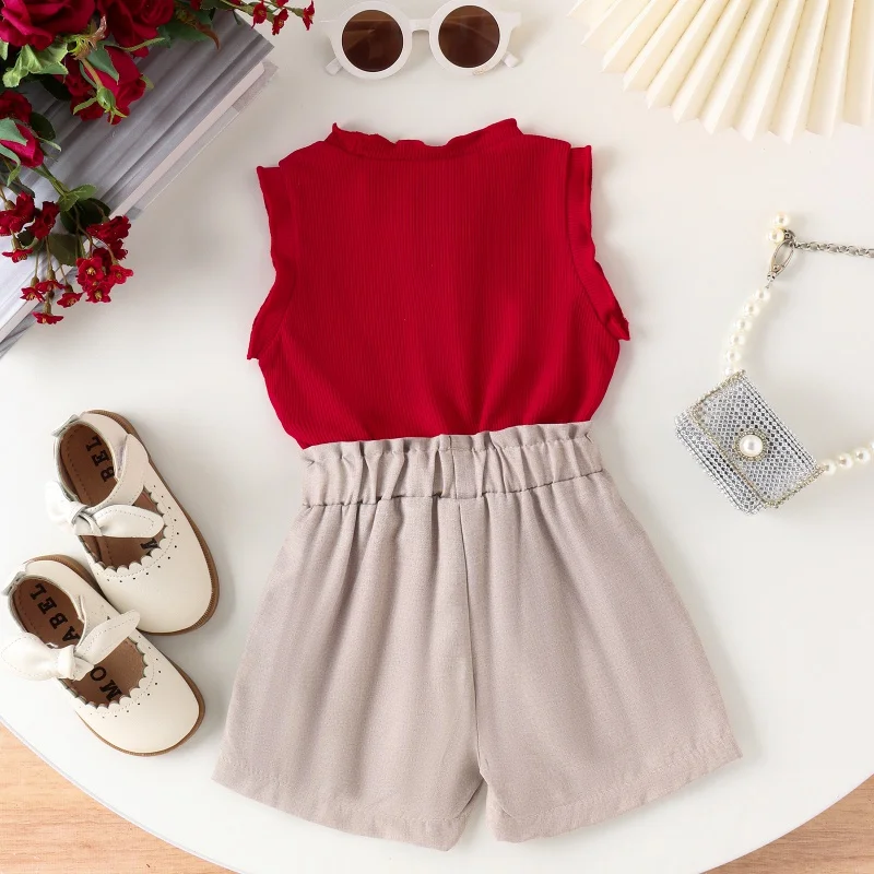 2Pcs Kids Clothes Solid Bow Ruffles Sleeveless Tops with Shorts Girls Sweet Fashion Casual Outing Set Picnic Vacation Suits