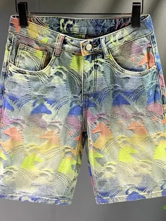 

American High-End Floral Embroidered Loose Straight Men's Denim Shorts Casual Style Mid-Waist Zipper Fly Summer Jeans