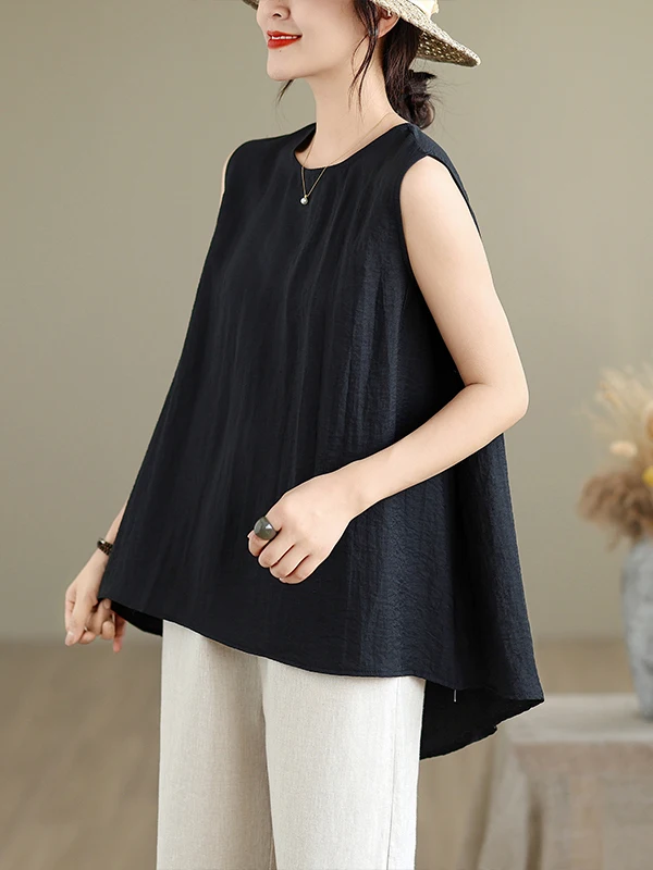 High-End Design Sense Sleeveless Cotton Linen Shirt Vest Women Summer Fashionable Linen Tailor round Neck Can Shoulder Top
