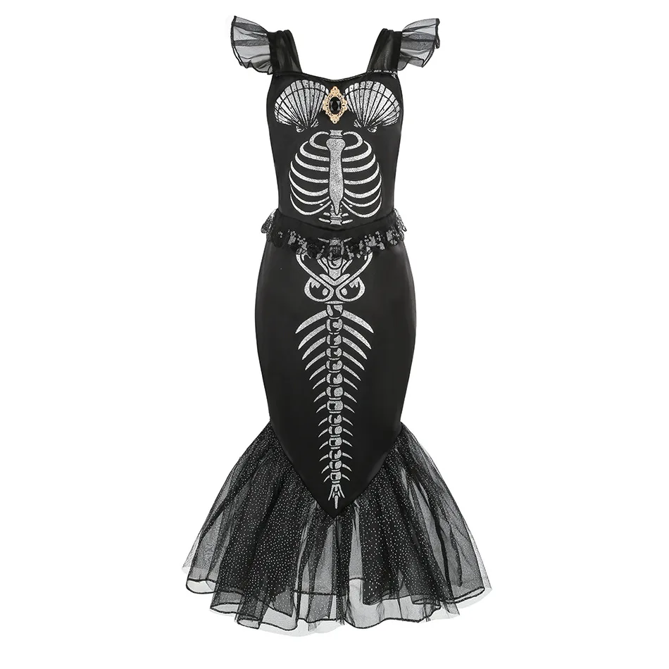 2024 Halloween Mermaid Skeleton Costume for Littler Girls Gothic Princess Trumpet Dress Black Ariel Siren Cosplay Apparel Frock