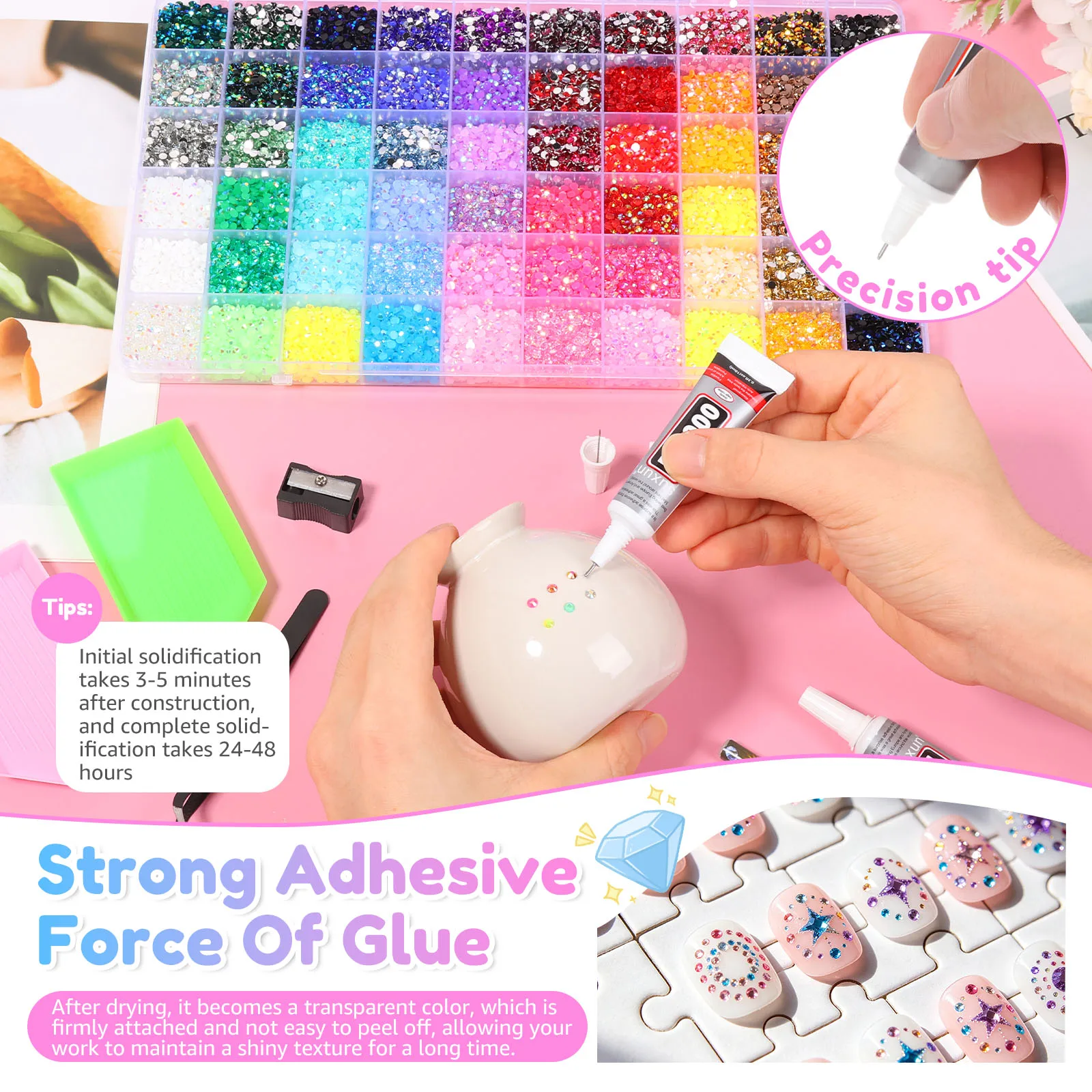 40/42/60 Colors Resin Rhinestone Bedazzling Kit Mixed Color Resin Drill 3mm Flatback Rhinestone with Glue for Nail Art Crafting 2
