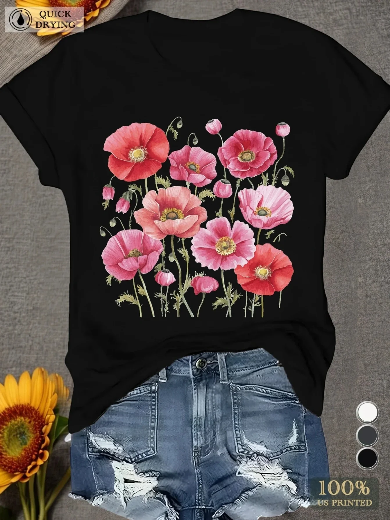 Agrafe de garde-robe essentielle printemps/été, t-shirts pour dames, vêtements de printemps et d'été, motif Floral vibrant, chemise à manches courtes