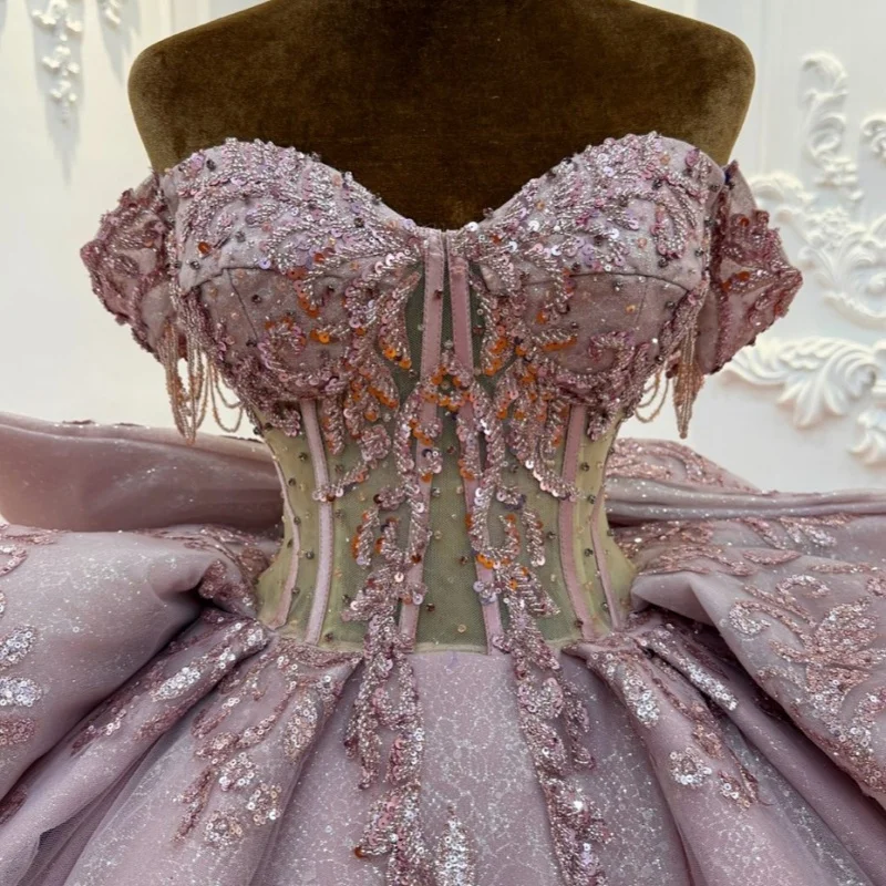 

Shiny Purple Quinceanera Dress off-shoulder crystal glitter decal Long tail Bow vestidos de 15 Quinceanera ﻿Customize