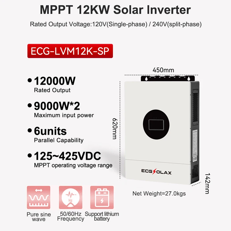 ECGSOLAX 8KW 12.5KW Hybrid Solar Inverter 48V 110V 240V Split Phase Pure Sine Wave Inverter With MPPT 120A 20A Solar Charger image 6