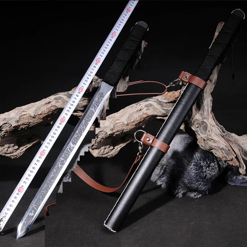 

Traditional Chinese Tactical Sword, 1060High Steel, Engraved Pattern, Wooden Sheath with Strap, Hunting Knife