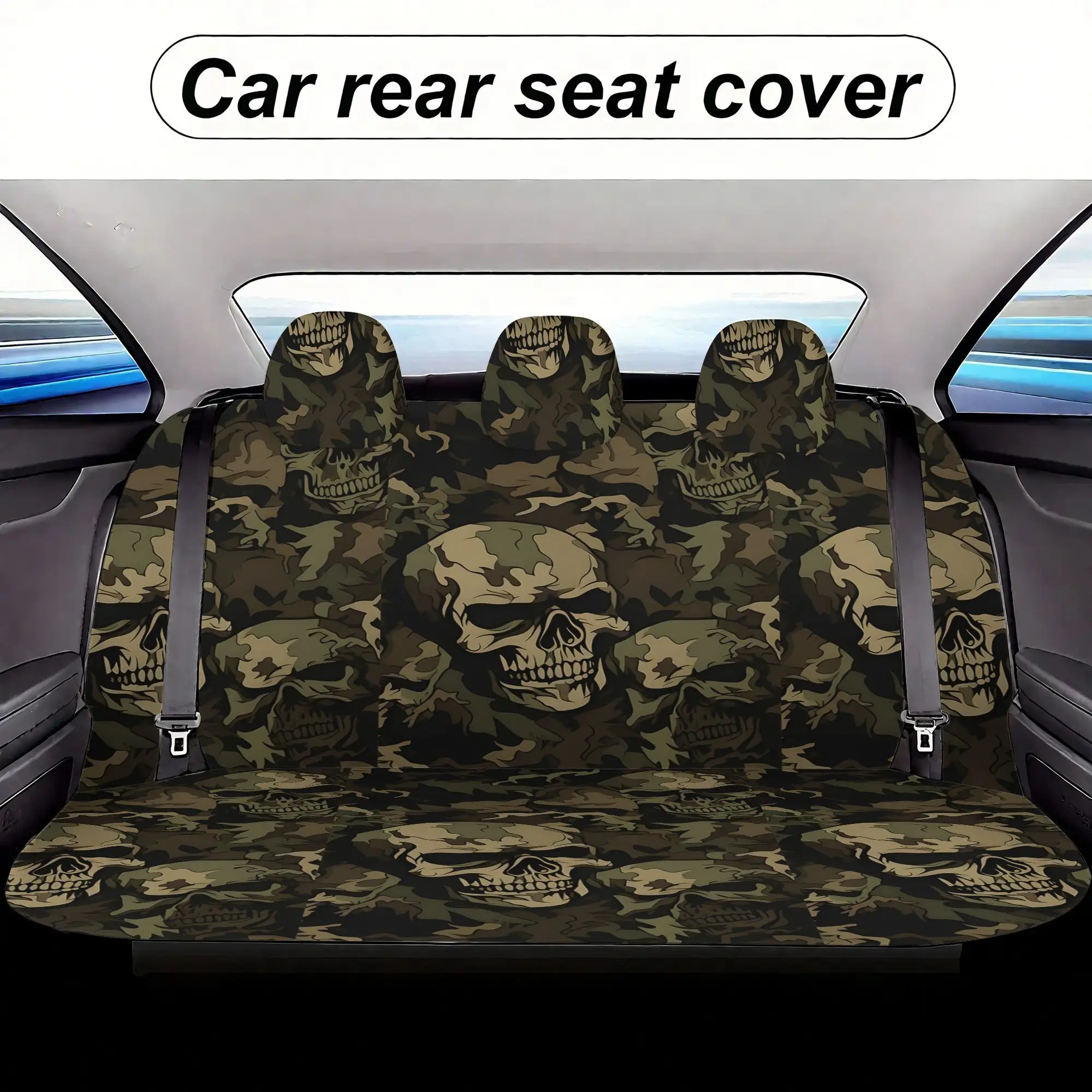 Camouflage Skull Shadow Printed All Season Universal 5-Seat Car Seat Cover Full Set With 2 Front Seats And 3 Headrest Covers, Cu