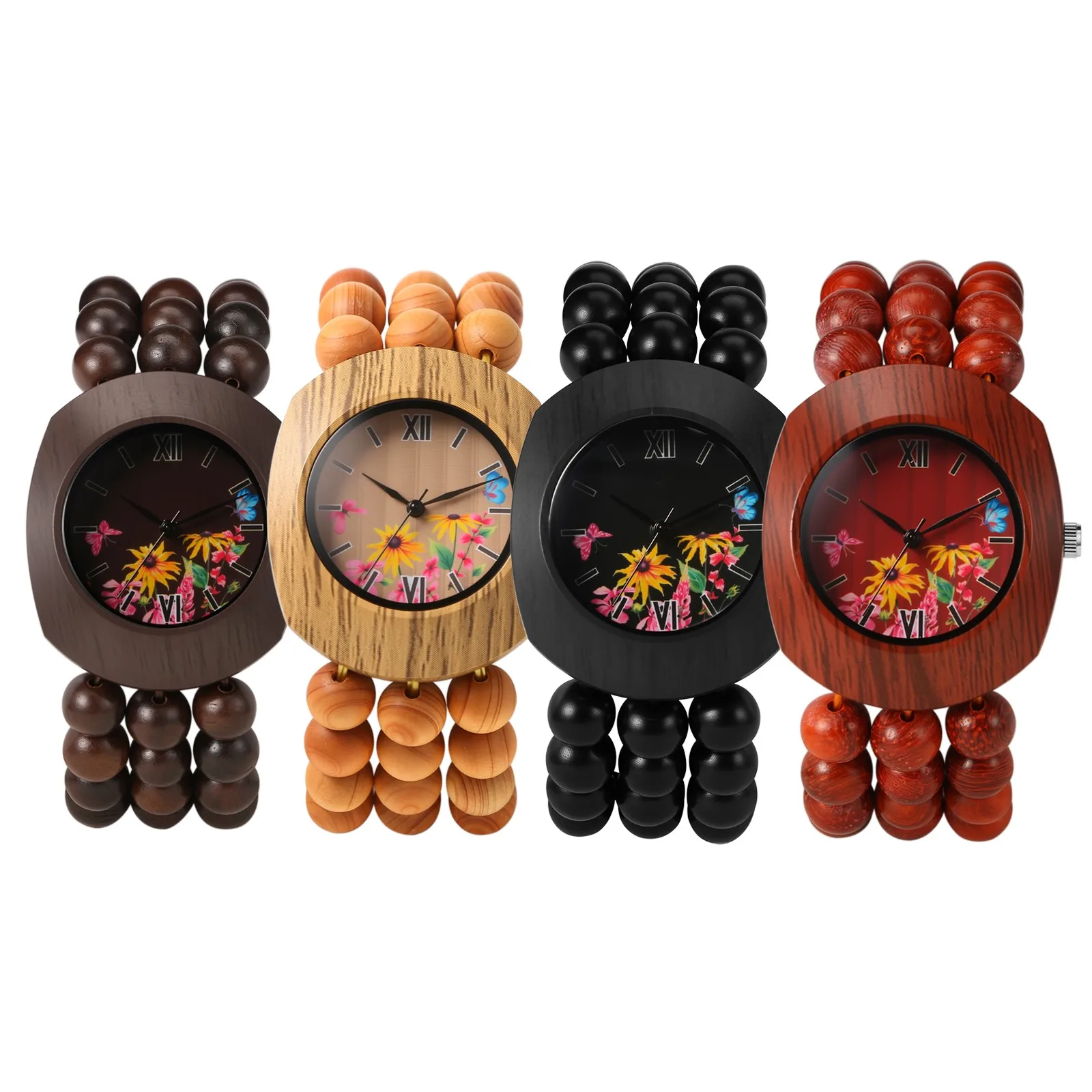Boho Women Wood Beaded Bracelet Watch Natural Elastic Wooden Bead Strap Tonneau Case Quartz Anti Anxiety Stress Relief Clock
