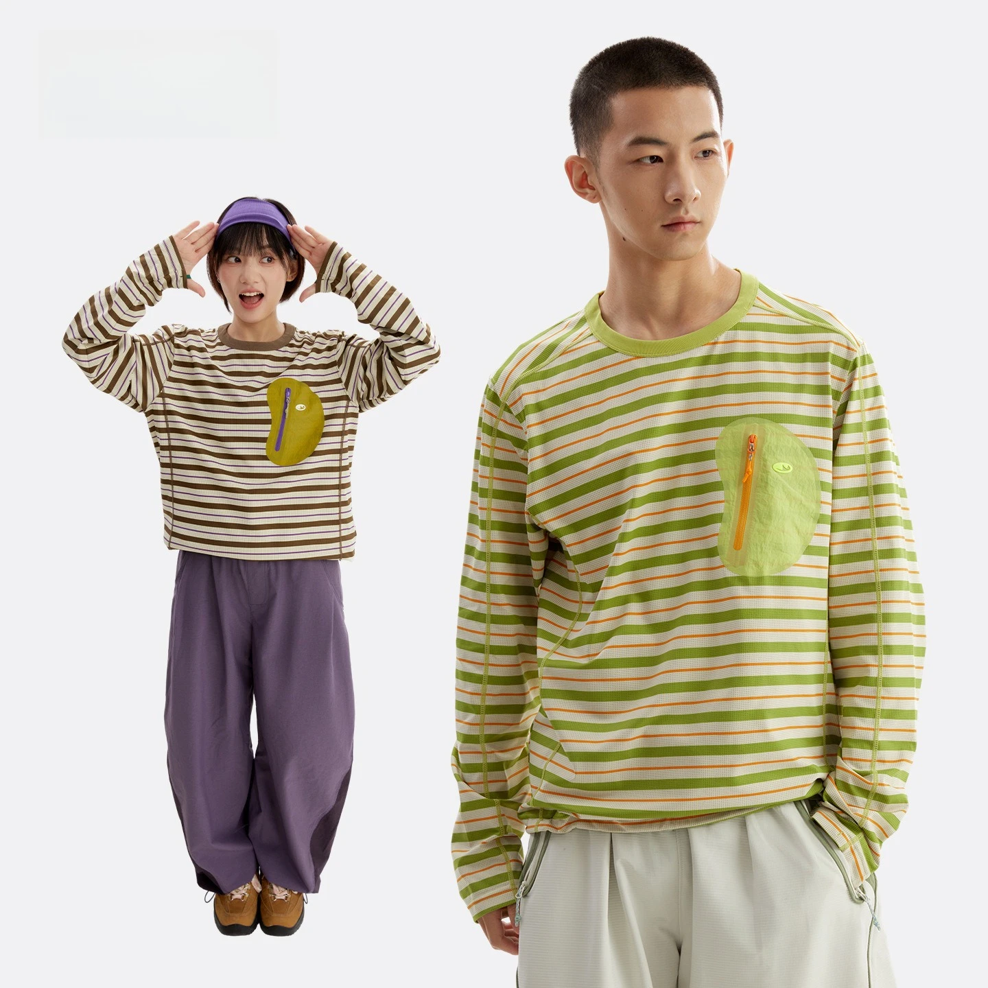 Unisex Striped Long Sleeve Tee – UPF50+ Sun Protection & Quick-Dry with Contrast Zipper Pocket Outdoor & Casual Wear