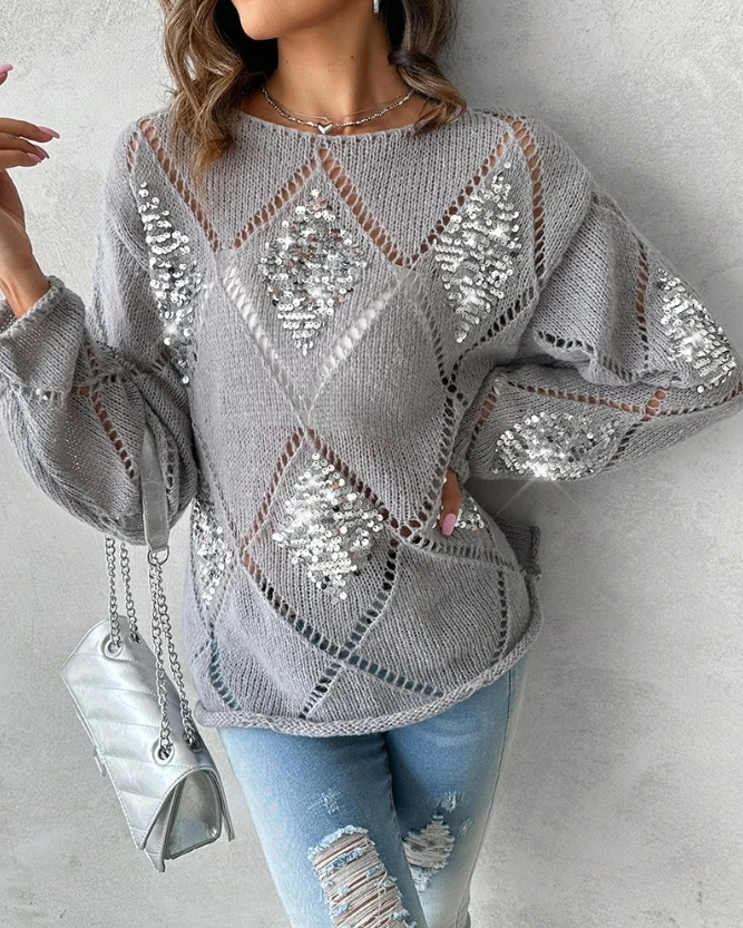 

Casual Knit Sweater for Women 2023 New Winter Round Neck Long Sleeve Medium Stretch Argyle Pattern Contrast Sequin Daily Sweater