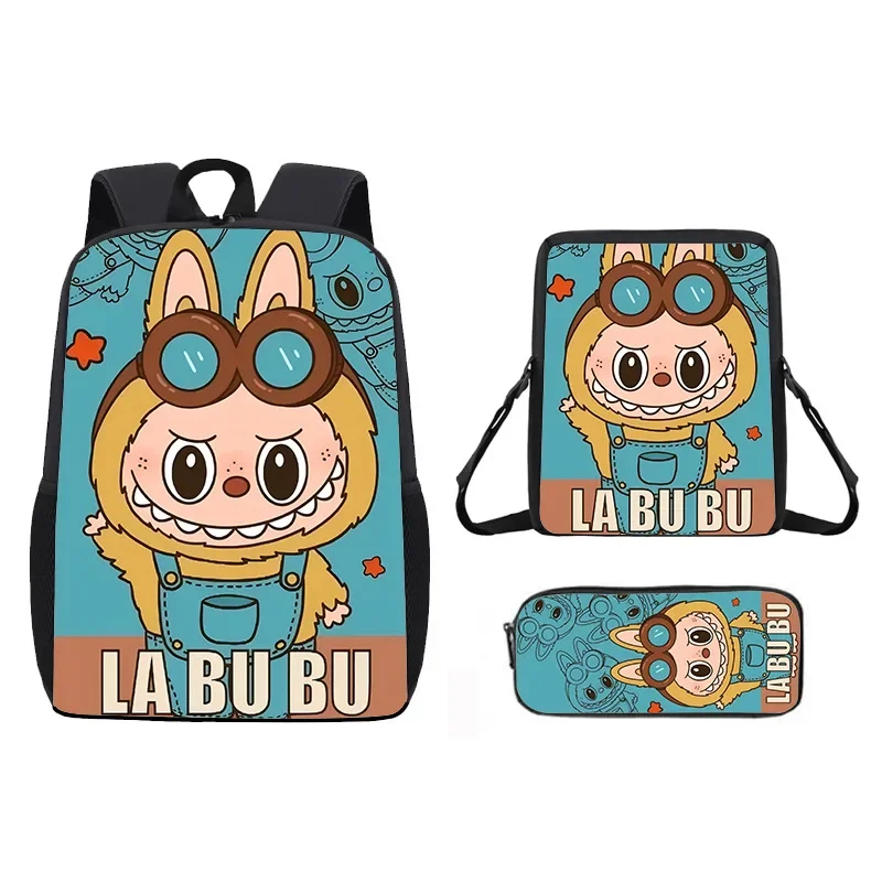 New Printed Labubu Three Piece Set Backpack Cartoon Student Backpack Shoulder Bag Pencil Case Children's Learning Supplies