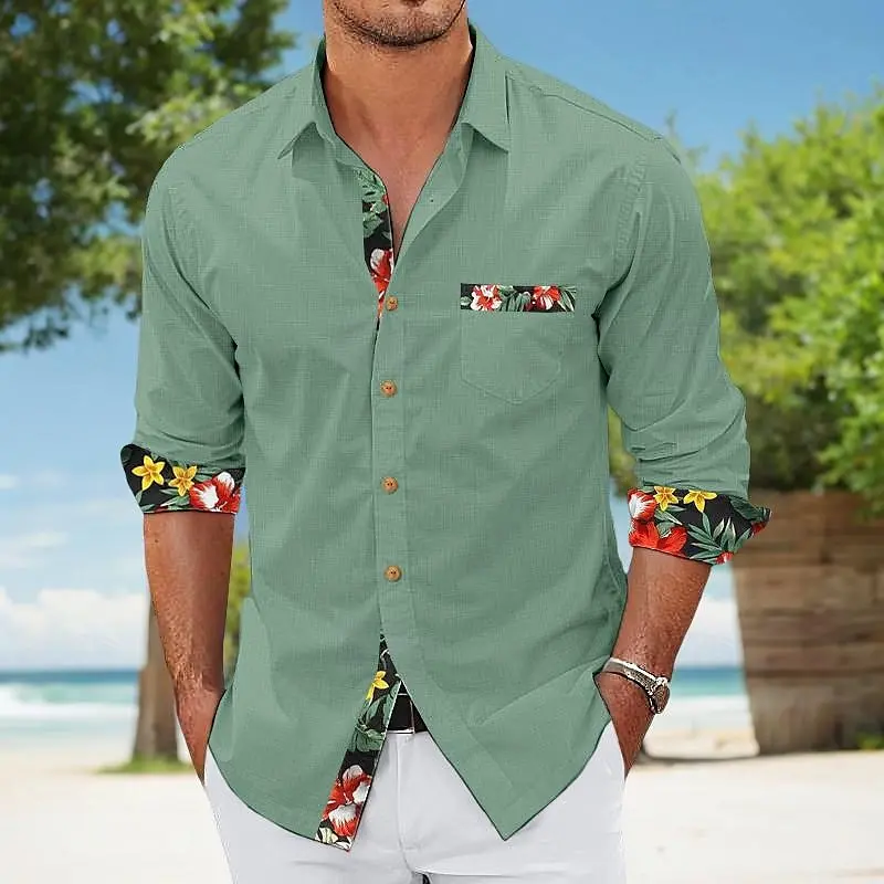 Men\'s shirts casual and comfortable summer Hawaiian beach shirts pocket floral lapel tops casual fashionable daily wear