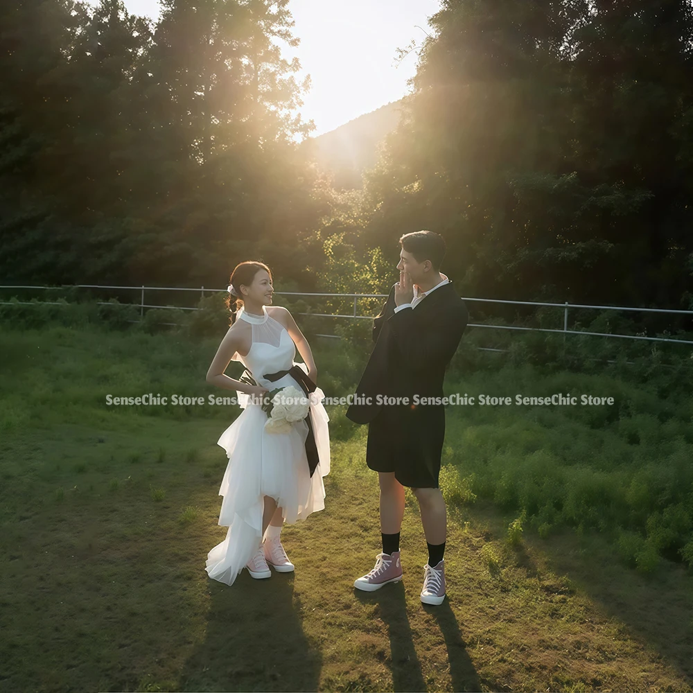 Vestidos de novia con cuello Halter Corea Simple sin mangas tul sesión de fotos vestidos de novia formales vestido de recepción hinchado escalonado personalizado