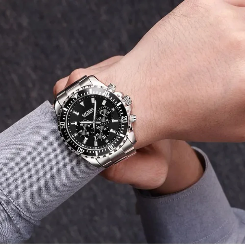 MEGIR 2064 แถบเหล็กควอตซ์นาฬิกาผู้ชายหรูหราโครโนกราฟส่องสว่างกันน้ำปฏิทินนาฬิกาสำหรับชาย-