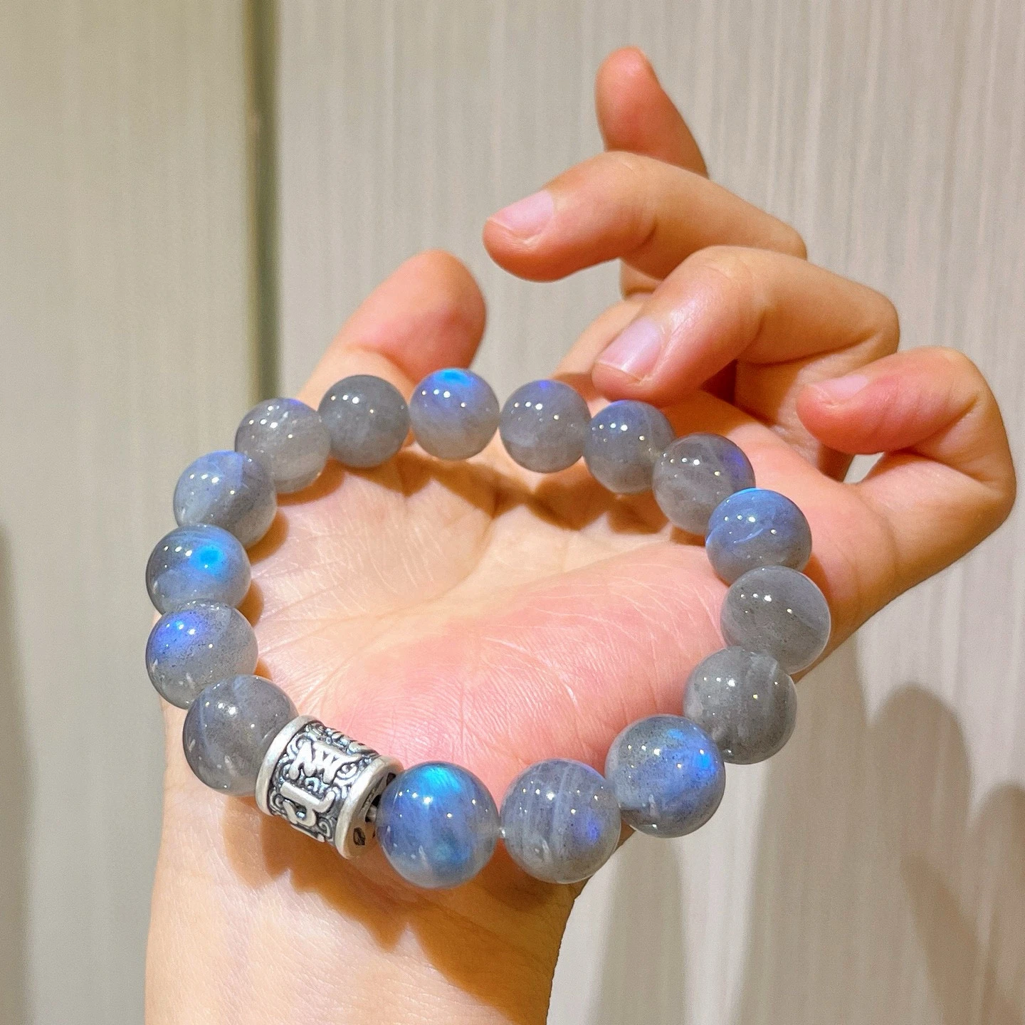 

S925 Sterling Silver Labradorite Bracelet, Natural Gray Moonstone with Strong Blue Flash, Crystal Energy Jewelry