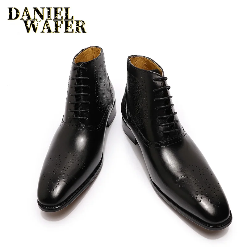 Fashion Brand Ankle Boots Luxury Men\'s Dress Boots Black Brown Handmade Lace Up Pointed Toe Genuine Leather Basic Formal Shoes