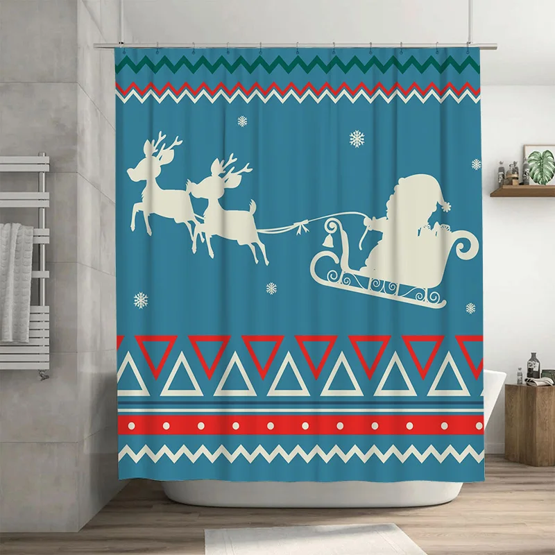 

TU Christmas Santa Claus Reindeer Sleigh Shower Curtain Holiday Festive Bathroom Decor Xmas Pattern Waterproof Home Textile