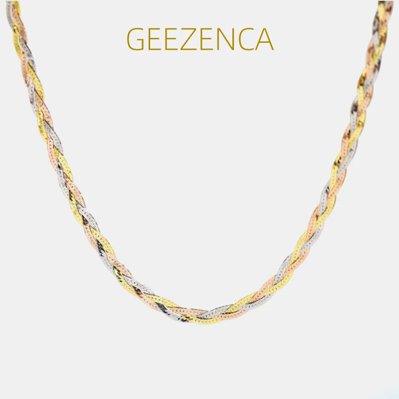 GEEZENCA  925 Sterling Silver Tricolor Braided Herringbone Chain Necklace For Women Three Threads 4.3mm Choker Necklaces Luxury