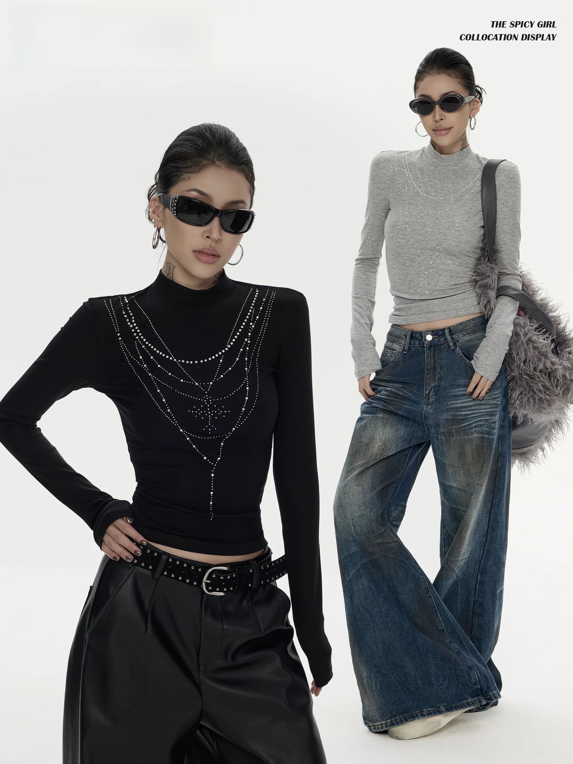 

Slim Fit High Collar Long Sve T-irt Women's Autumn Winter New Design Street Sle Rhinestone Casual Top for Young Ladies