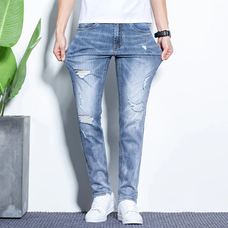 2024 Spring Summer Stretch Ripped Men Jeans Classic Slim fit Denim Pants Streetwear Design Korea Casual Trousers Male