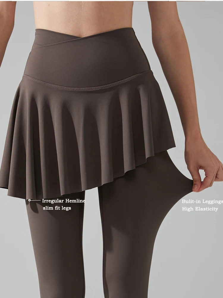 VITALINOVO Damen Crossover-Leggings mit Rock Tennis Yoga Leggings mit Rock Hohe Taille Rüschen Plissierter Skort Tennis Sport Golf – Detail 9