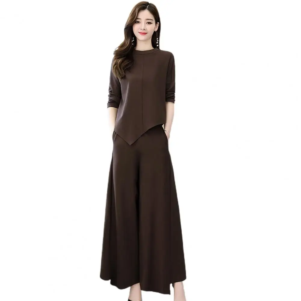 Elegante terno de manga comprida feminino, top de comutar, conjunto de calças, blusa de bainha irregular, culottes de perna larga, tamanho grande, 2