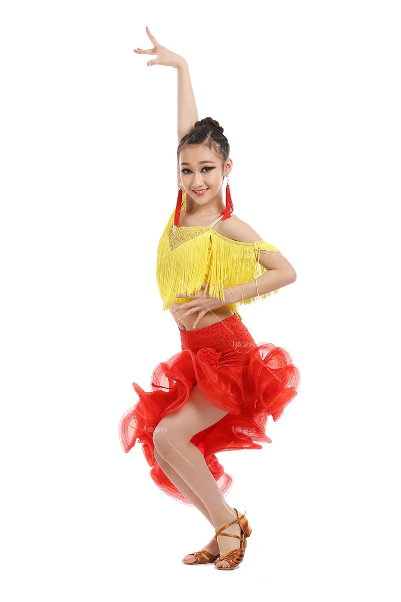 

Child Latin Dance Costumes Tassel Sleeveless Top+skirt 2pcs Girls Latin Dance Set for Girls Latin Dance