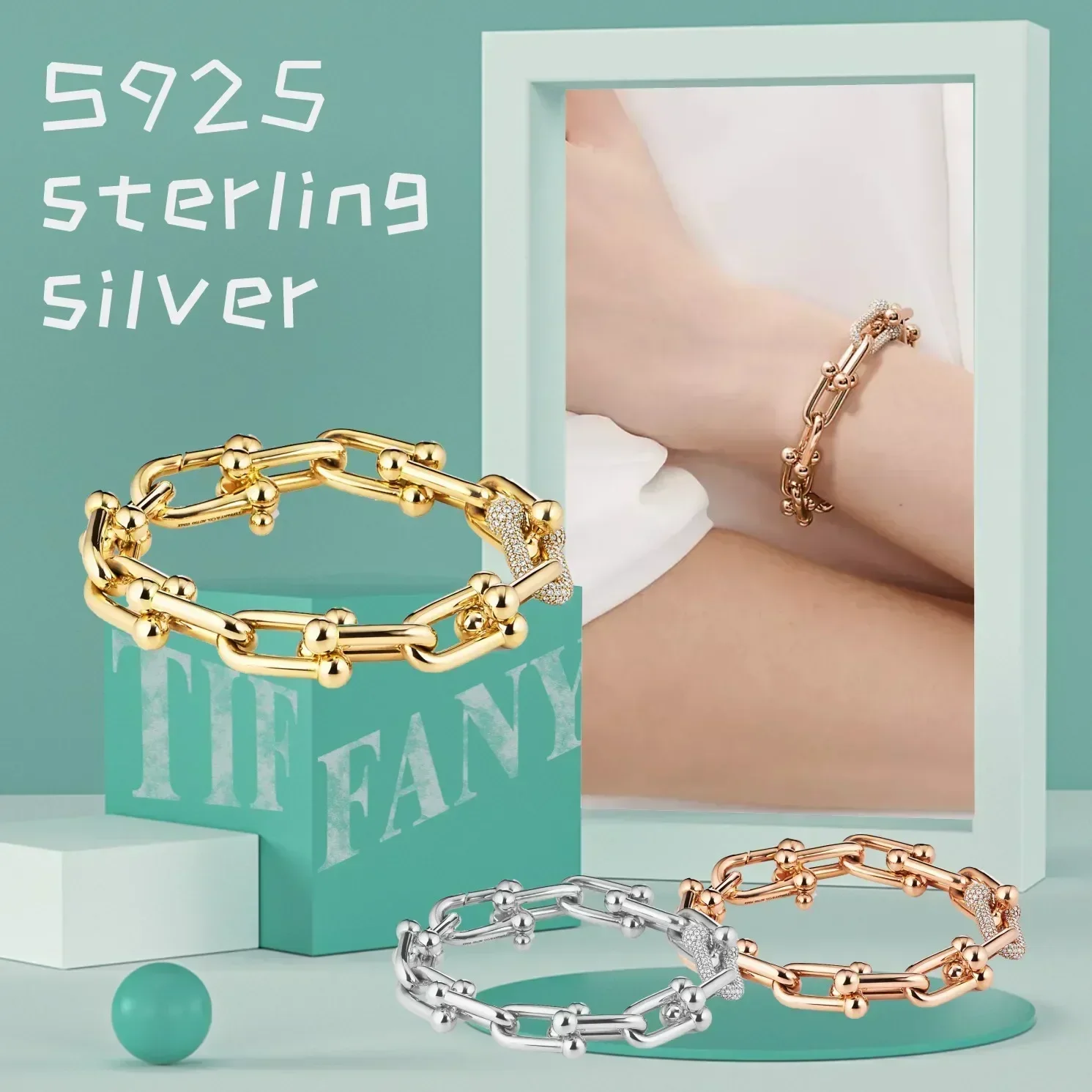

S925 Pure Silver & 18K Rose Gold Diamond-Studded Bracelet - Luxe Party Jewelry